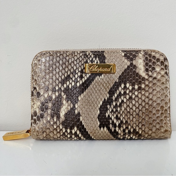 Chopard Mini Zip Python Snakeskin Cream Tan Brown Card Case Wallet Italy - Picture 2 of 6